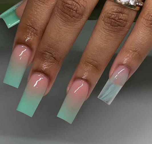 Seafoam Ombre + Marble set | press on nails | Handmade Press On Nails