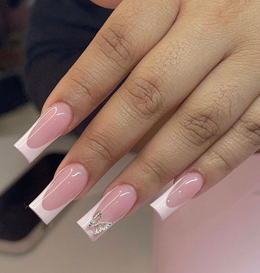 Pink Frenchies + Butterfly charm press ons | press on nails | Handmade Press On Nails