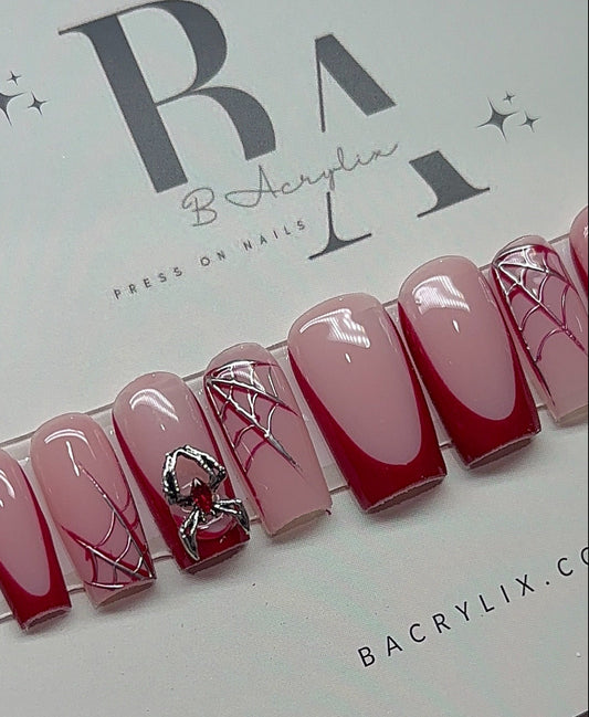 Red French + Spiderwebs + Charms | Halloween press ons | Handmade Press On Nails