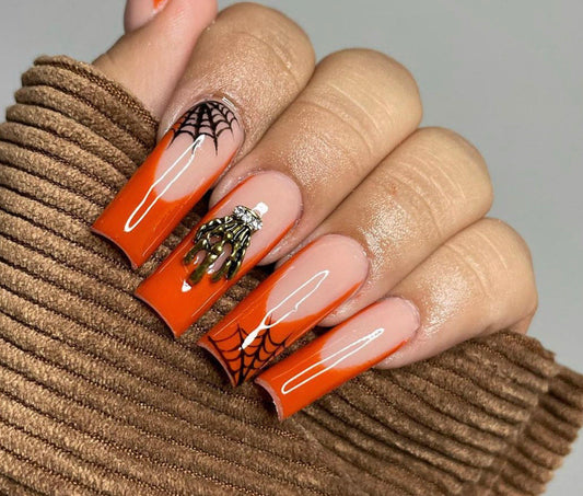 Burnt orange Frenchies + Charms Set | Halloween press-on Nails | Handmade Press On Nails -