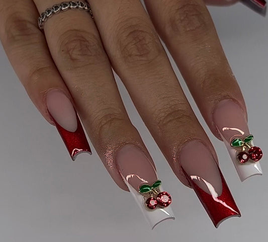 White + Red Cateye frenchies + cherry charms | Fall press on nails | Handmade Press On Nails