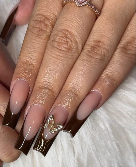 Brown french + chrome + butterfly charm | fall press ons | Handmade Press On Nails