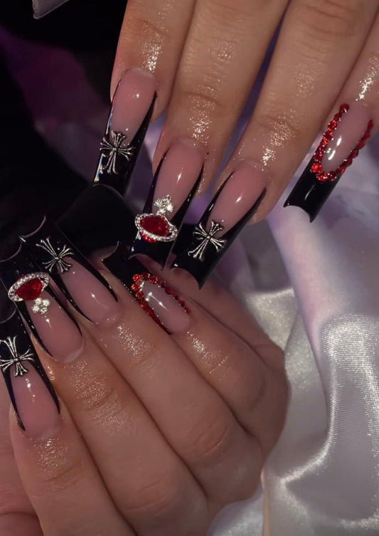 Black French + Chrome charms press ons | press on nails | Handmade Press On Nails