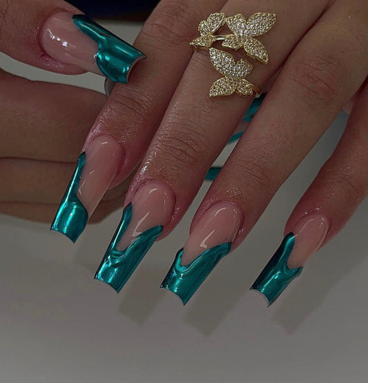 3D Teal Chrome press ons | press on nails | Handmade Press On Nails