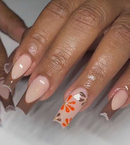 Brown french + Fall Flowers | fall press ons | Handmade Press On Nails