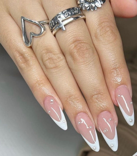 Classic White French + Pearls press ons | press on nails | Handmade Press On Nails