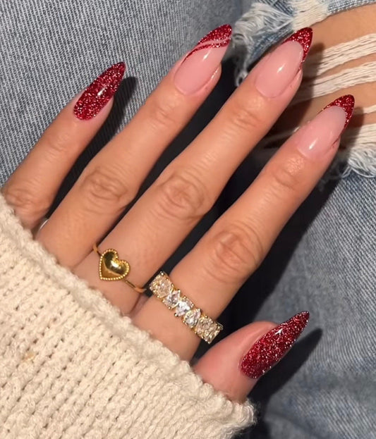 Red Reflective French press ons | Winter press on nails | Handmade Press On Nails