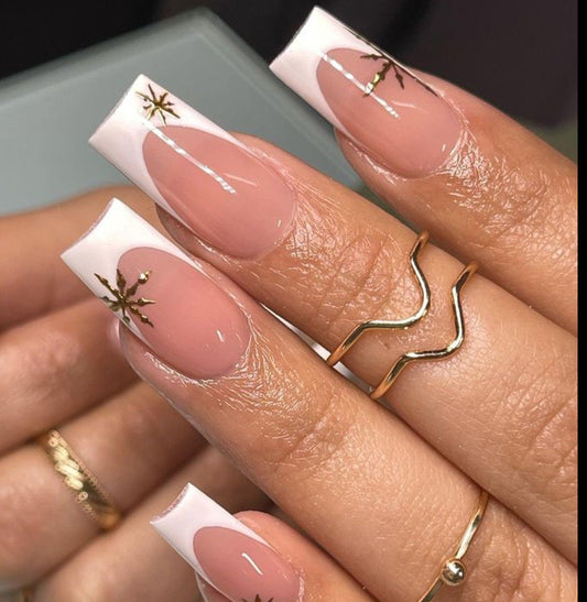 White French Tips + Gold snowflakes press ons | Winter press on nails | Handmade Press On Nails