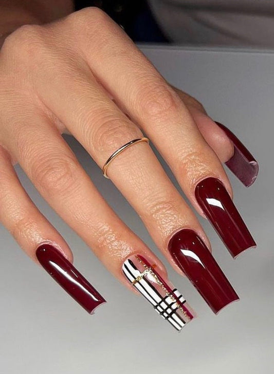 Wine Red + Plaid press ons | Winter press on nails | Handmade Press On Nails