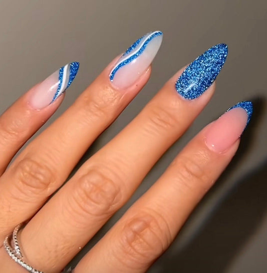 Blue reflective + abstract French press ons | Winter press on nails | Handmade Press On Nails
