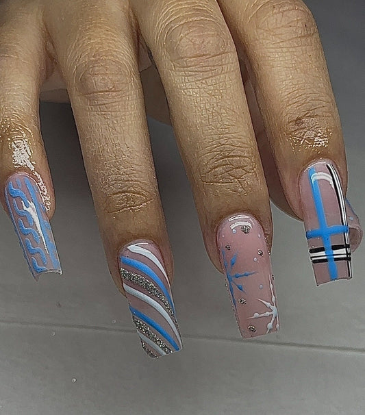 Winter blue + Plaid press ons | Winter press on nails | Handmade Press On Nails