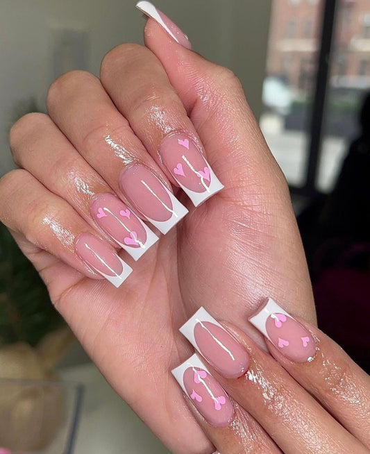 Pink hearts + white French press ons | Valentines press on nails | Handmade Press On Nails