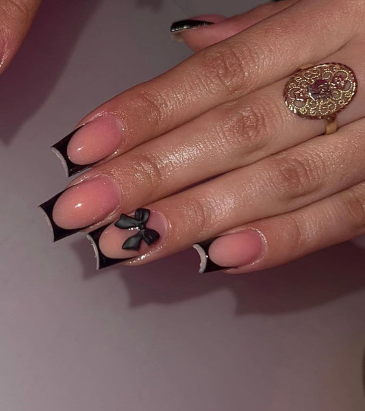 Black french + bow charm press ons | Valentines press on nails | Handmade Press On Nails
