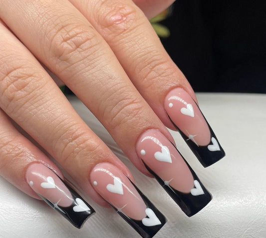 Black French + white hearts press ons | Valentines press on nails | Handmade Press On Nails