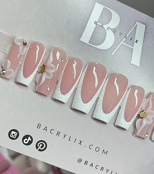Glitter French + 3D Flower Press Ons | Handmade Press On Nails