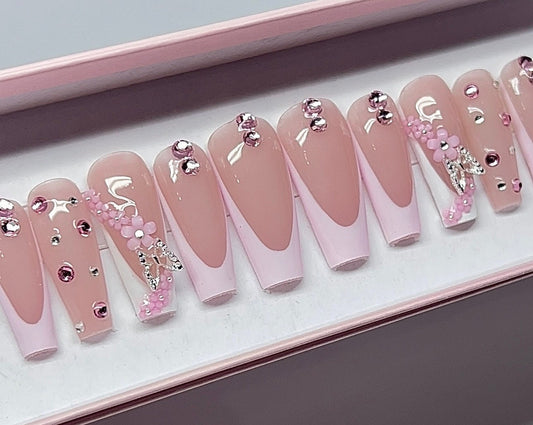 Pink Frenchies + Butterfly Charm press ons | press on nails | Handmade Press On Nails