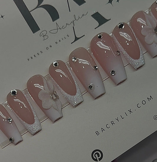Glitter French + Ombré + 3D flowers press ons | press on nails | Handmade Press On Nails