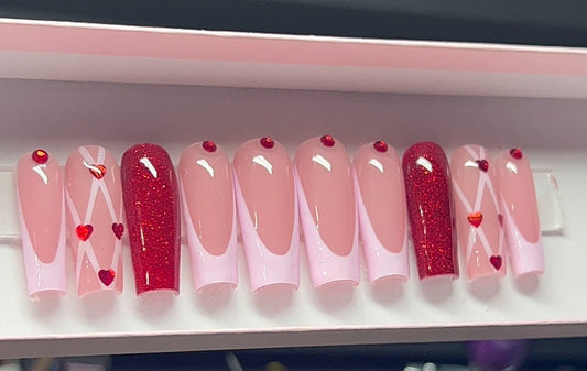 Pink French + Hearts Coquette press ons | Valentines press on nails | Handmade Press On Nails