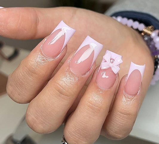 Pink Frenchies + Bow Charms | Coquette press ons | Valentines press on nails | Handmade Press On Nails