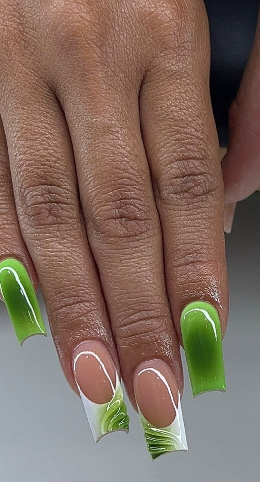 French + Green 3D aura press ons | Spring press on nails | Handmade Press On Nails