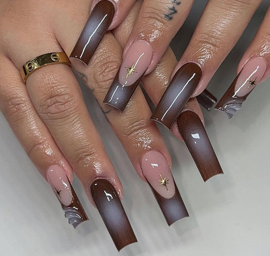 Brown + Aura 3D press ons | Spring press on nails | Handmade Press On Nails
