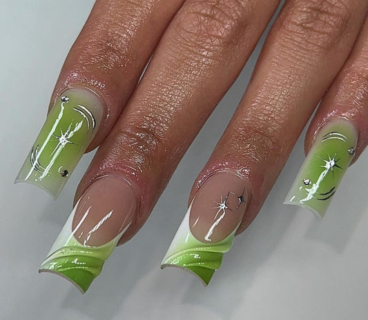 Green Aura 3D French press ons | Spring press on nails | Handmade Press On Nails