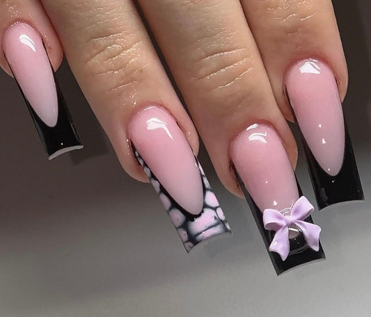 Black French + pink croc + charms press ons | Spring press on nails | Handmade Press On Nails