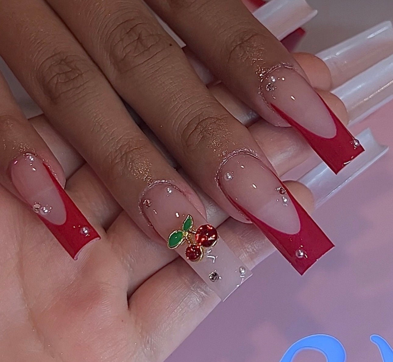 Red Frenchies + Cherry charms press ons | Spring press on nails | Handmade Press On Nails
