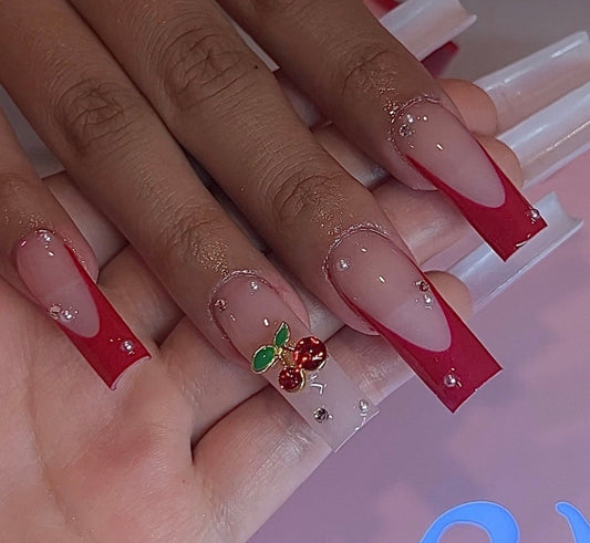 Red Frenchies + Cherry charms press ons | Spring press on nails | Handmade Press On Nails