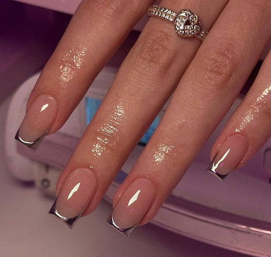 Silver Chrome French Tips | Summer press on nails | Handmade Press On Nails