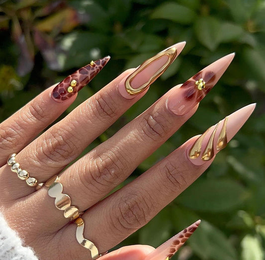 Brown Croc + Gold Chrome press ons | Spring press on nails | Handmade Press On Nails