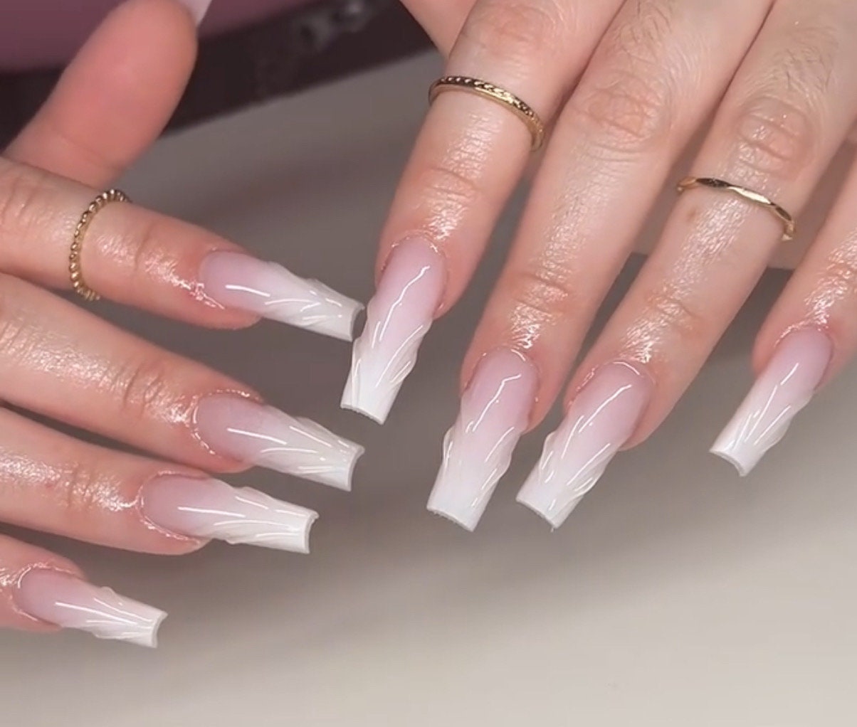 White Ombré + 3D texture press ons | Spring press on nails | Handmade Press On Nails