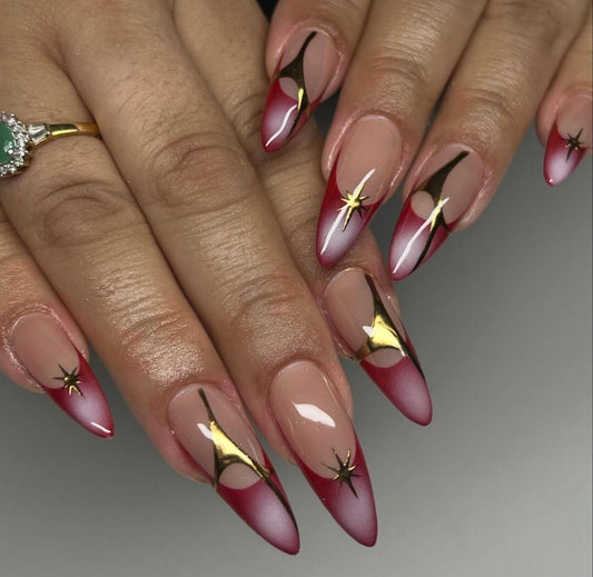 Red & White Aura French + Gold chrome press ons | Summer press on nails | Handmade Press On Nails