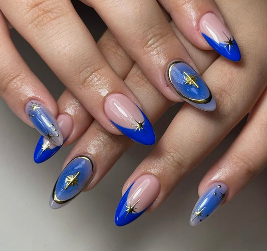 Royal Blue French + Gold Chrome press ons | Summer press on nails | Handmade Press On Nails