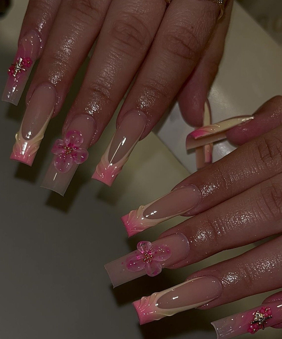 3D Ombré French + Flowers press ons | Spring press on nails | Handmade Press On Nails