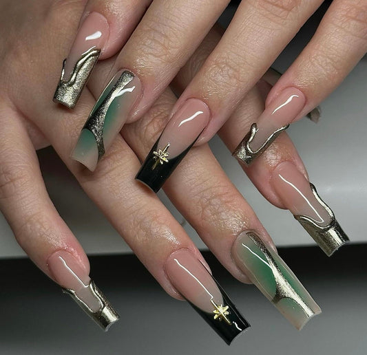 Sage Green Aura + Gold chrome press ons | Summer press on nails | Handmade Press On Nails