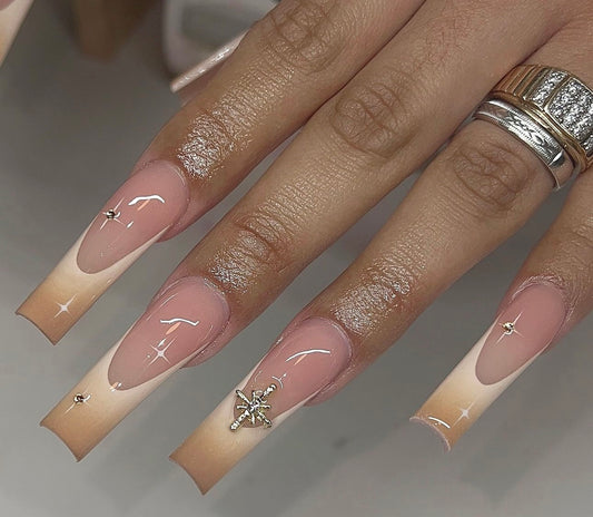 Brown Ombre French + Charms press ons | Summer press on nails | Handmade Press On Nails