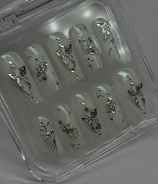 Glazed Chrome + Molten Butterfly press ons | Spring press on nails | Handmade Press On Nails