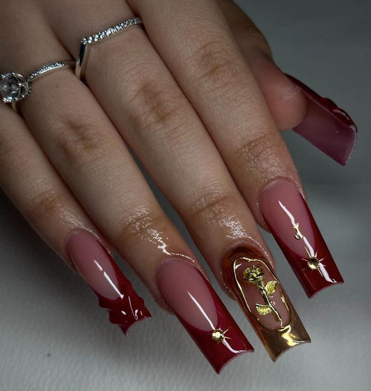 Red 3D French + Chrome Charm press ons | Spring press on nails | Handmade Press On Nails
