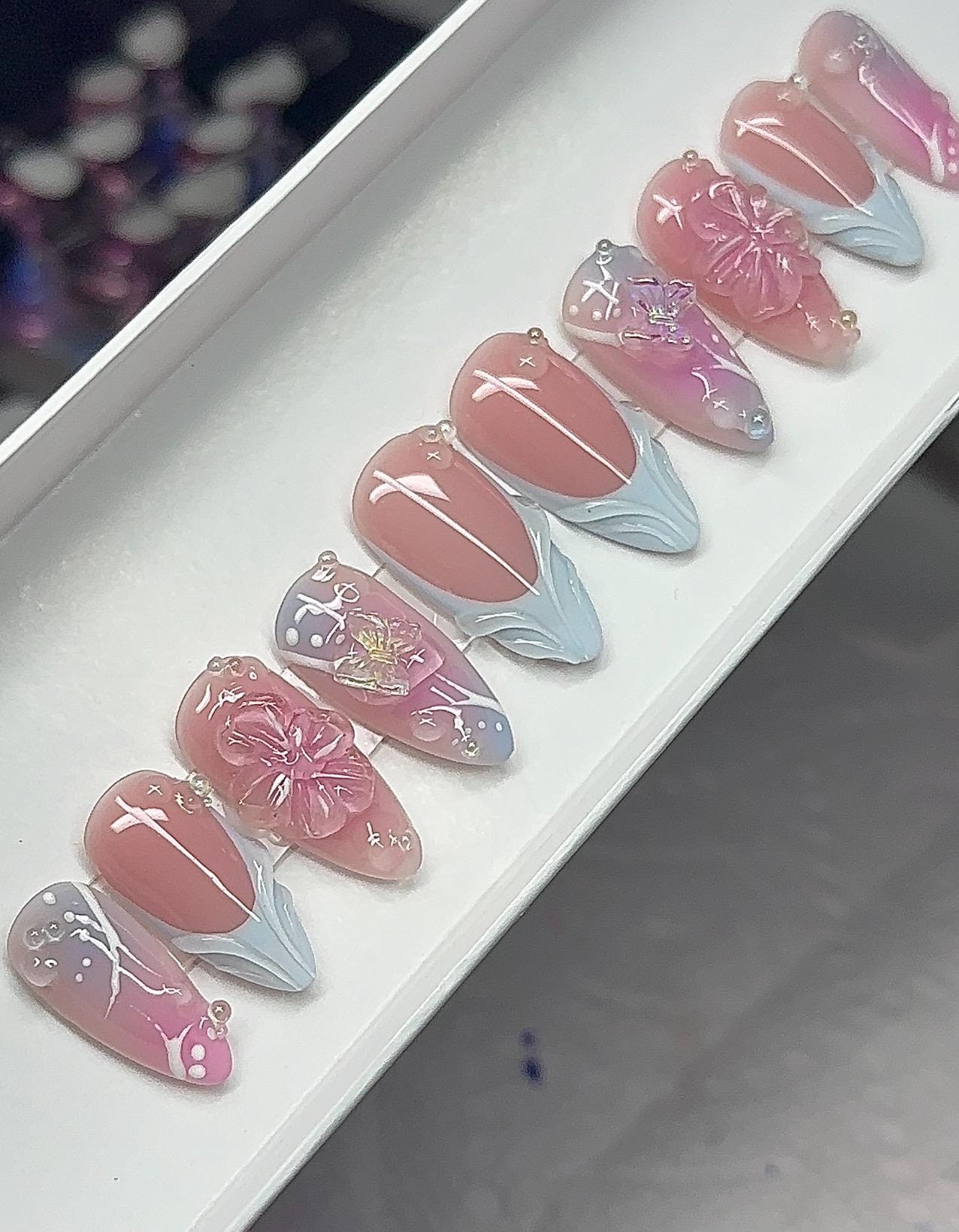 Blue + Pink Fairycore press ons | Spring press on nails | Handmade Press On Nails