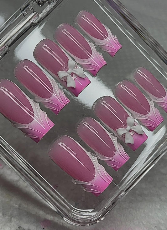 Pink Ombré 3D French + Bow charms press ons | Spring press on nails | Handmade Press On Nails