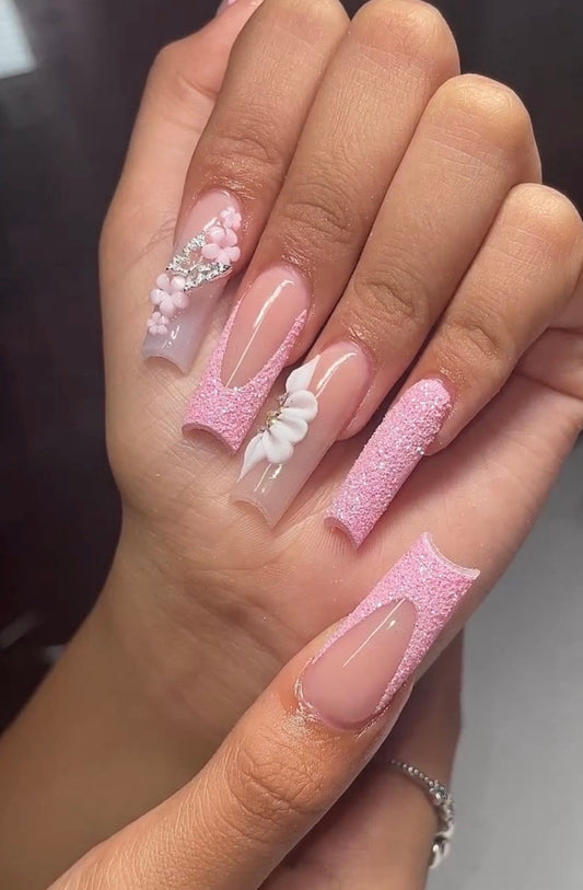 Pink Glitter French tips + Charms + 3D flowers press ons | Spring press on nails | Handmade Press On Nails