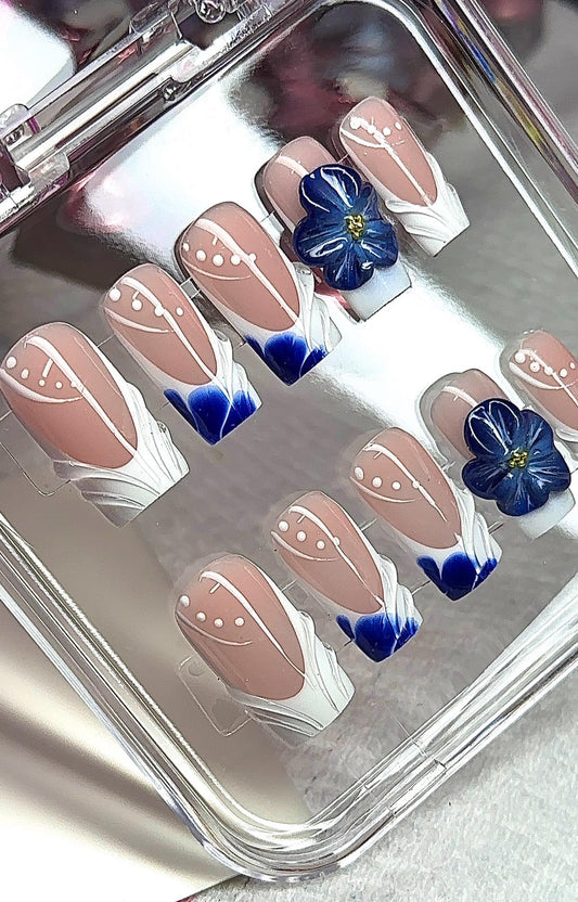 White French + Navy 3D flowers press ons | Spring press on nails | Handmade Press On Nails