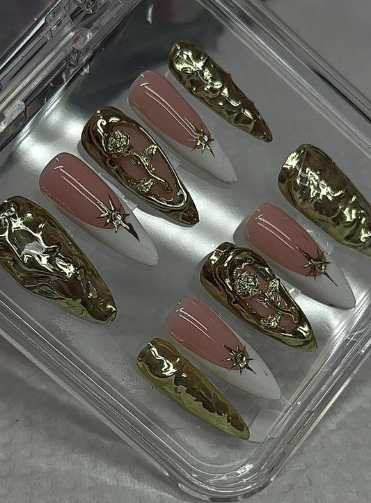 White & Gold chrome + 3d + Charms press ons | Spring press on nails | Handmade Press On Nails