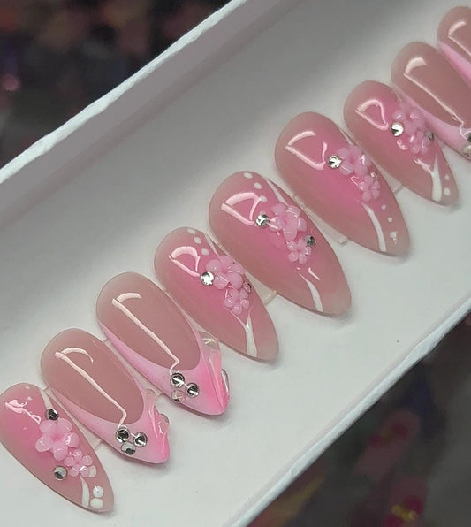 Pink Aura French + Flowers press ons | Spring press on nails | Handmade Press On Nails