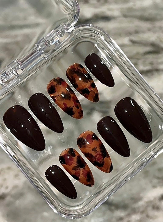 Deep Brown + Tortoise press ons | Fall press on nails | Handmade Press On Nails