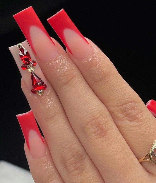 Red French + Red Bling press ons | press on nails | Handmade Press On Nails