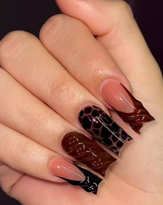 3D Fall French + Animal Print press ons | Fall press on nails | Handmade Press On Nails