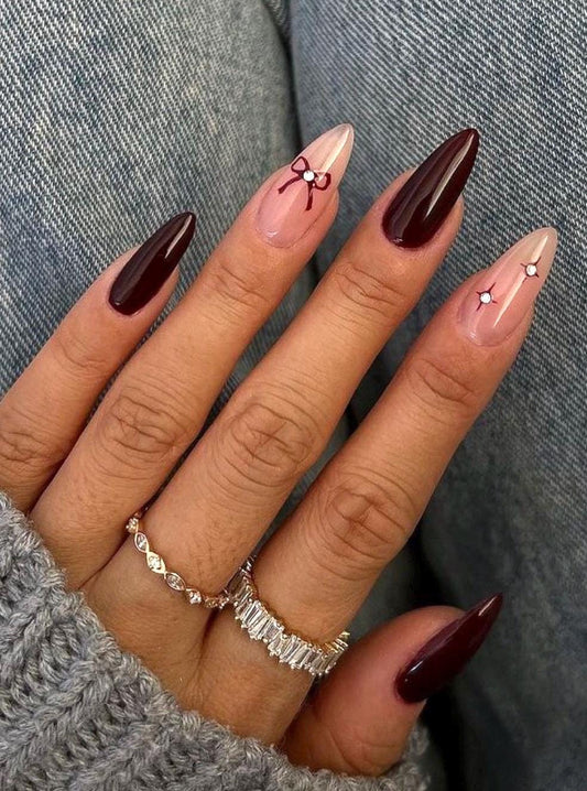 Burgundy Bow press ons | Spring press on nails | Handmade Press On Nails | SpringPress on Nails
