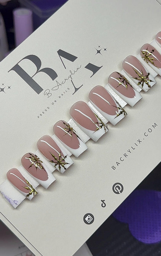 White French + Gold Chrome Snowflakes press ons | Holiday press on nails | Handmade Press On Nails | Winter Press on Nails
